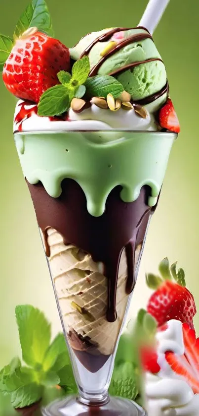 Mint chocolate sundae with strawberries on green background.