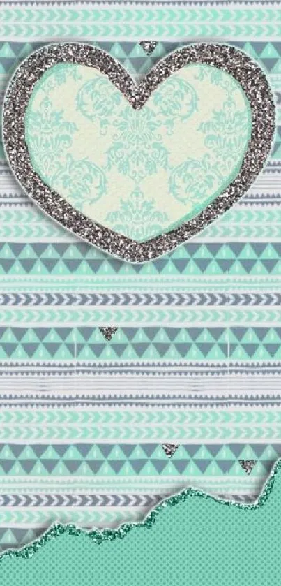 Mint green geometric heart wallpaper with tribal patterns and glitter border.