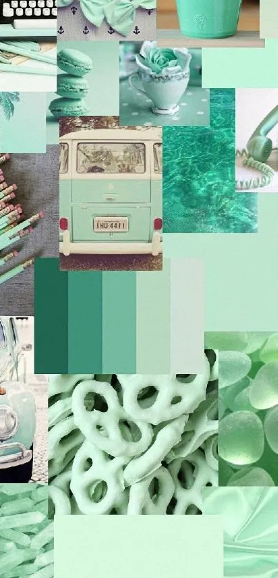 Mint green aesthetic collage wallpaper with vintage elements.