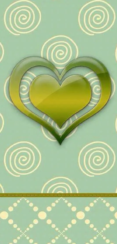 Mint green wallpaper with layered heart design and swirls.