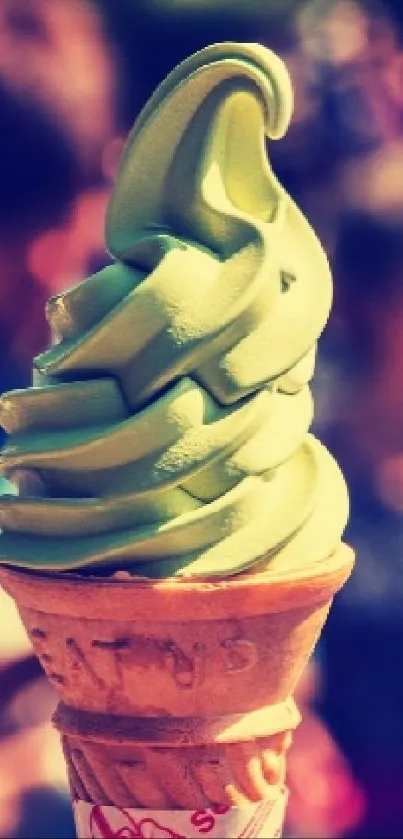 Mint green ice cream cone with a vibrant street background.