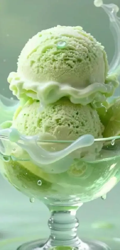 Mint ice cream with creamy lime splash in glass.