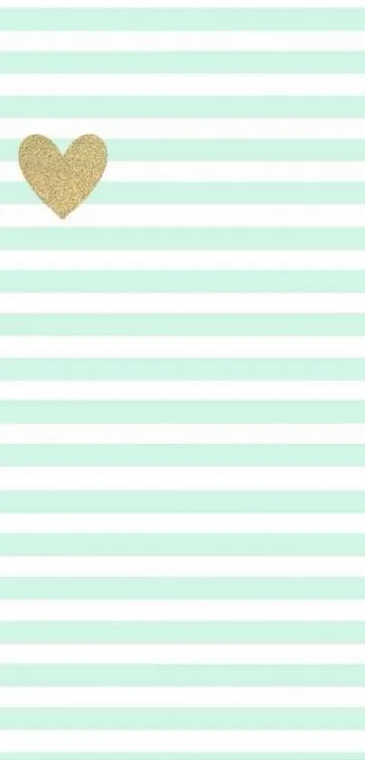 Mint and white striped wallpaper with a golden heart design.