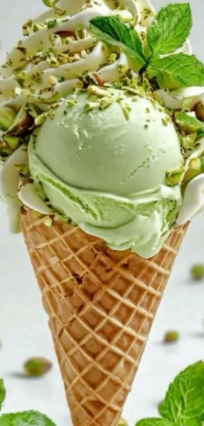 Mint ice cream cone with pistachio toppings and fresh mint leaves.