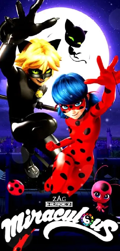 Miraculous Ladybug and Cat Noir flying under a moonlit sky.