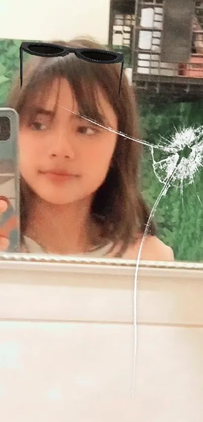 A young girl takes a mirror selfie wearing virtual sunglasses in a room with green plants.