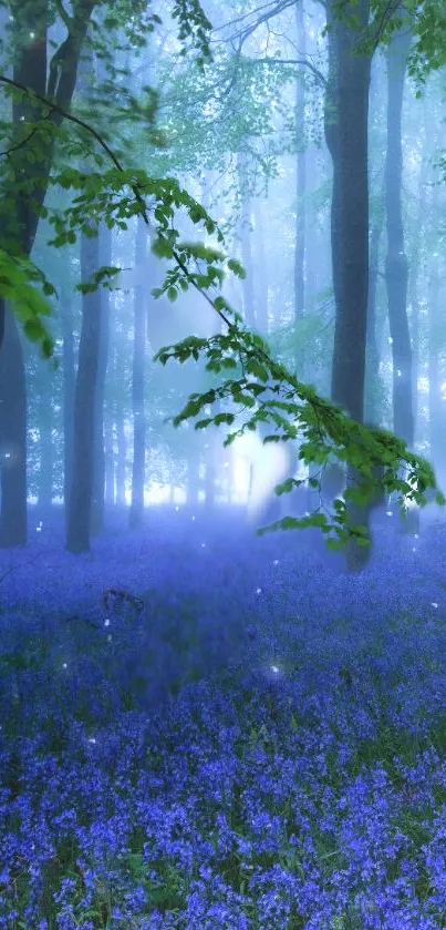 Misty bluebell forest with vibrant flowers and ethereal mist.