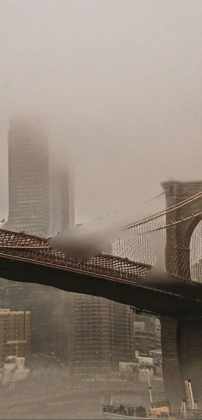 Misty view of Brooklyn Bridge with city backdrop.