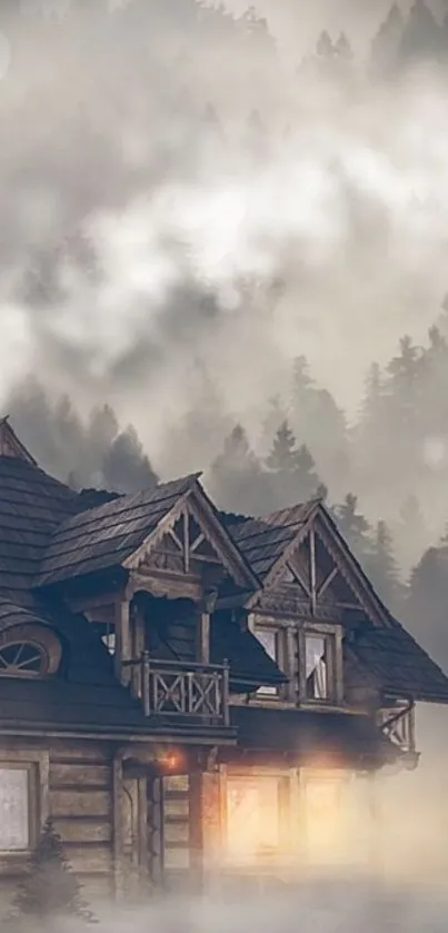 Cozy misty cabin surrounded by foggy forest.