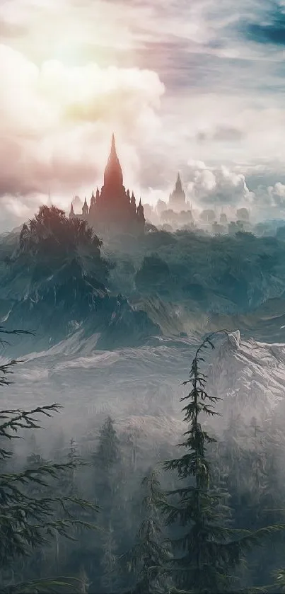 Misty landscape with towering castle and trees in a fantasy setting.