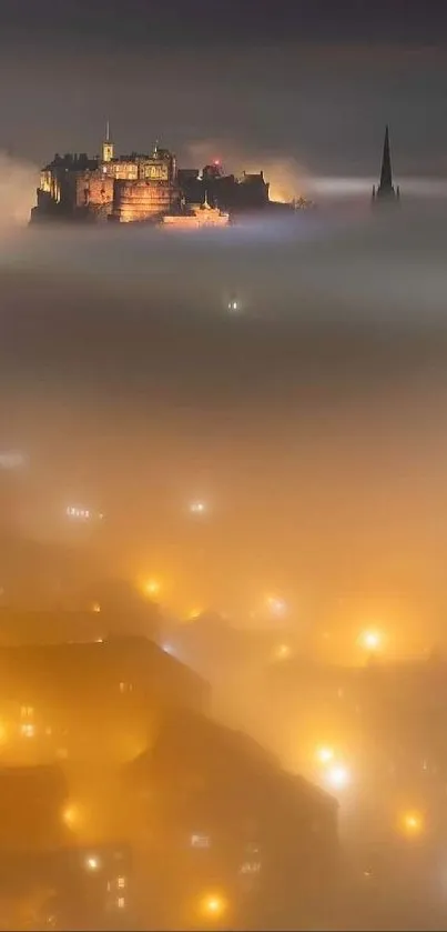 Misty castle illuminated at night amidst a foggy cityscape.