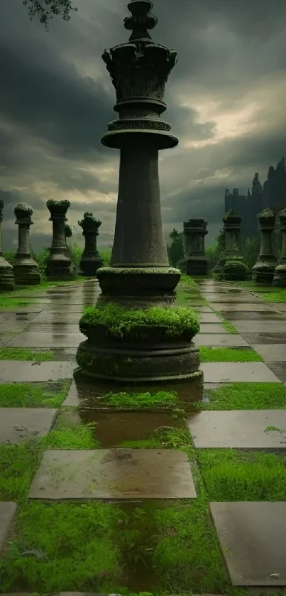 Misty chessboard with green moss and towering sculptures under cloudy skies.