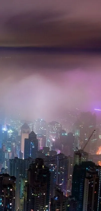 Misty cityscape with vibrant night lights under a foggy sky.