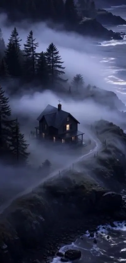 Misty cottage by the ocean at dusk.