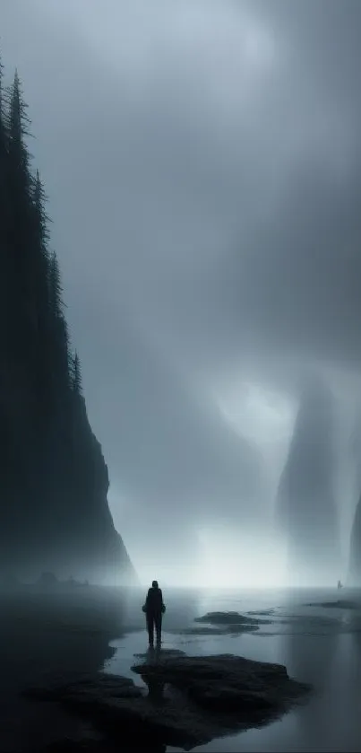 Lone person walks on a foggy coastal path, surrounded by towering cliffs.