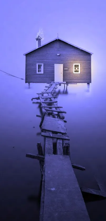 Serene blue wallpaper of a misty dock leading to a house.