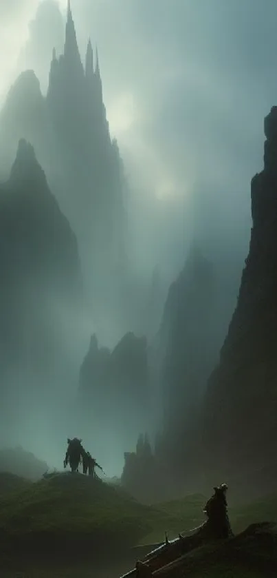 Misty fantasy landscape with figures and mountains.