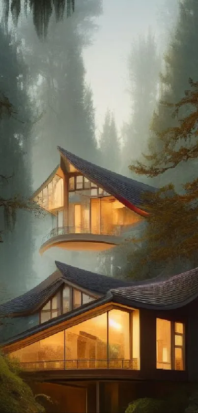 Modern house in misty forest with warm glowing windows.