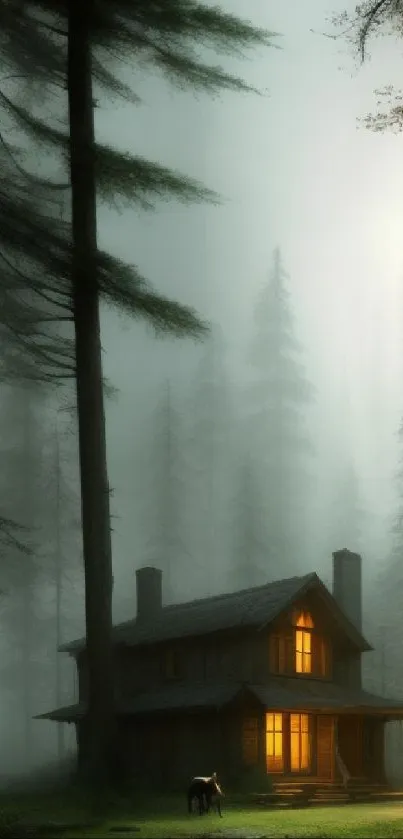 Misty forest scene with a glowing cabin surrounded by tall trees.