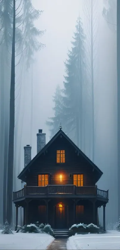 Cozy cabin in misty forest wallpaper with snow-covered path.