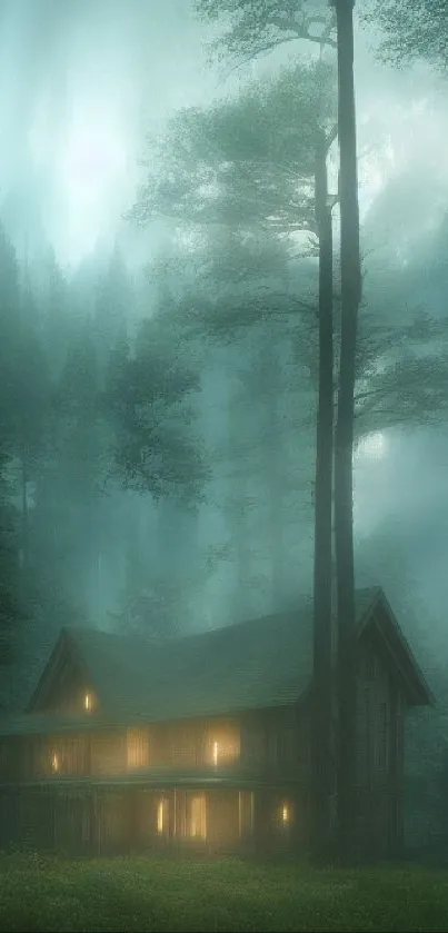 Misty forest with a cozy cabin illuminated among tall trees.