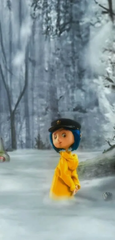 Cartoon character in misty forest with yellow coat.