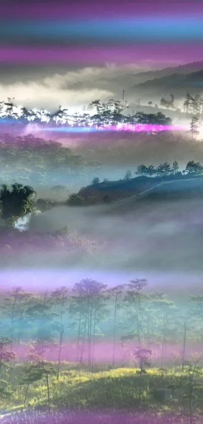 Enchanted forest mist in purple hues, creating a mystical and serene landscape.