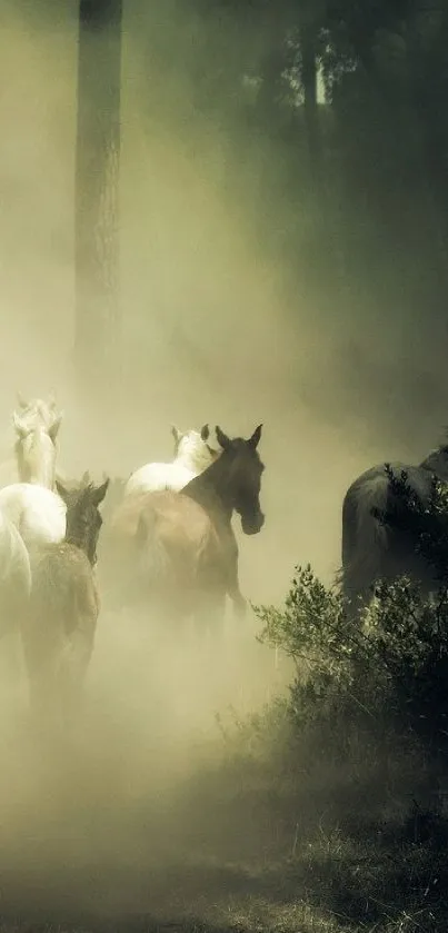 Horses walking through a misty forest landscape.