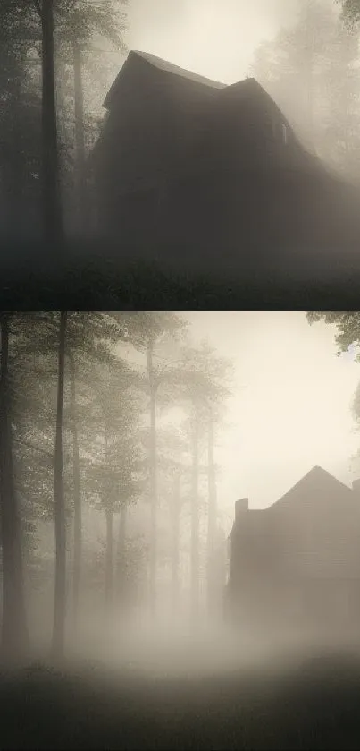 Misty forest with a mysterious house in the foggy background for serene wallpaper.