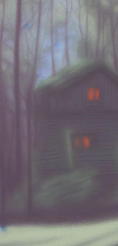 Serene wallpaper of a house in a misty forest with warm glowing windows.