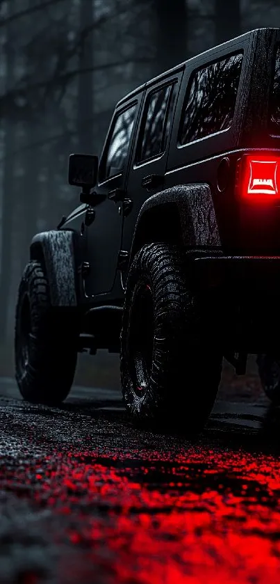Jeep with red lights in a misty forest setting, exuding adventure.
