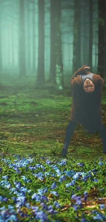 A misty forest with vibrant wildflowers and a lone figure.