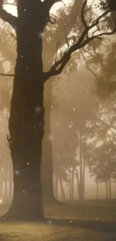 Misty forest with tree silhouettes and morning light.