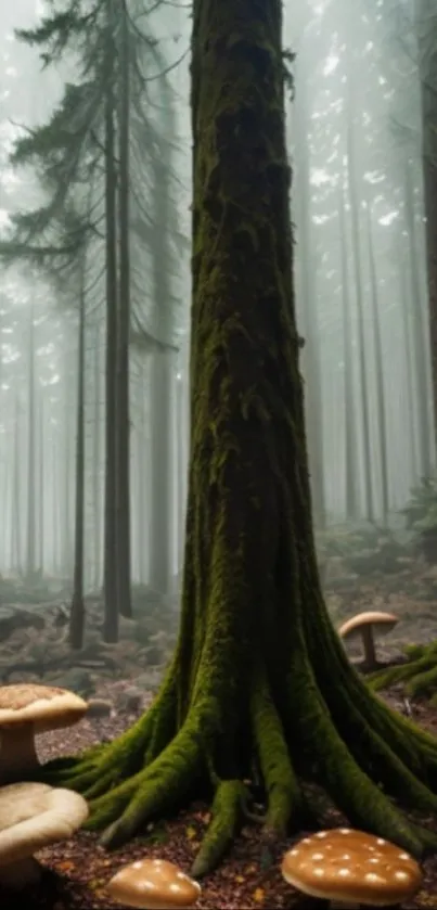 Misty forest with tall trees and mushrooms on the forest floor.