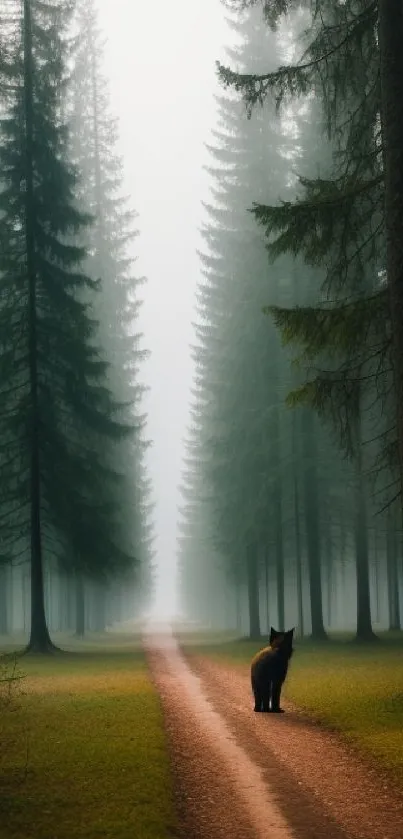 Misty forest path with trees and fog, featuring a tranquil morning atmosphere.