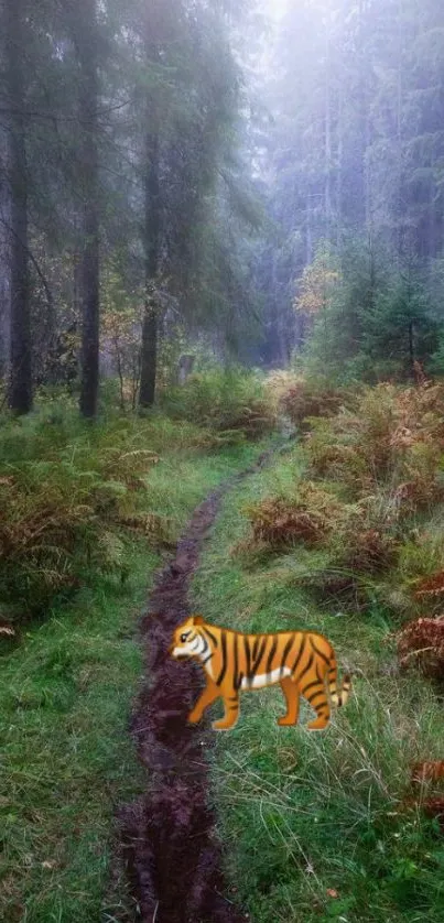 Misty forest path with a tiger in lush greenery.