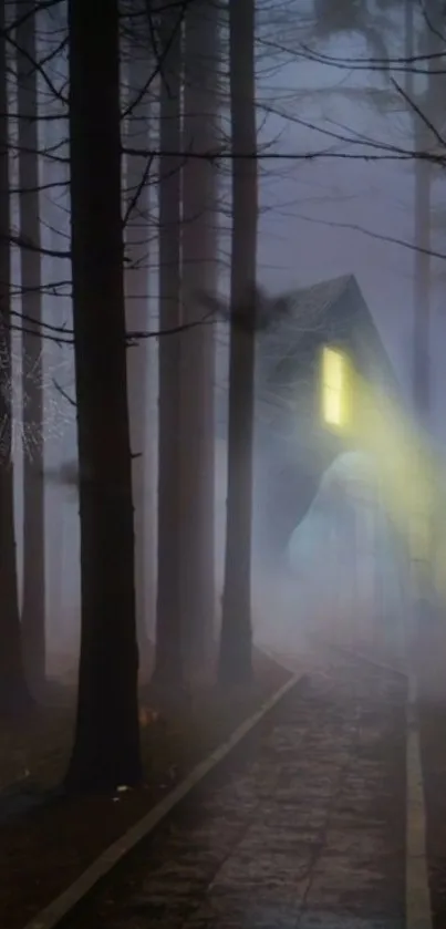 Misty forest pathway with a glowing cabin in the evening fog.