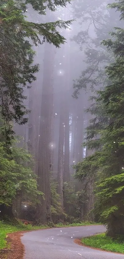 Misty road through dense green forest wallpaper.