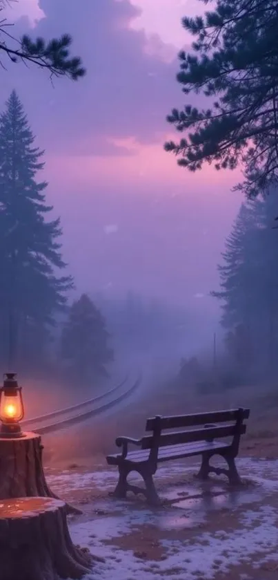 Misty forest with sunset and glowing lantern by a bench.