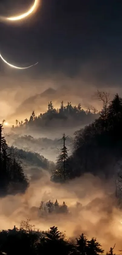 Misty forest with twin crescent moons in night sky.