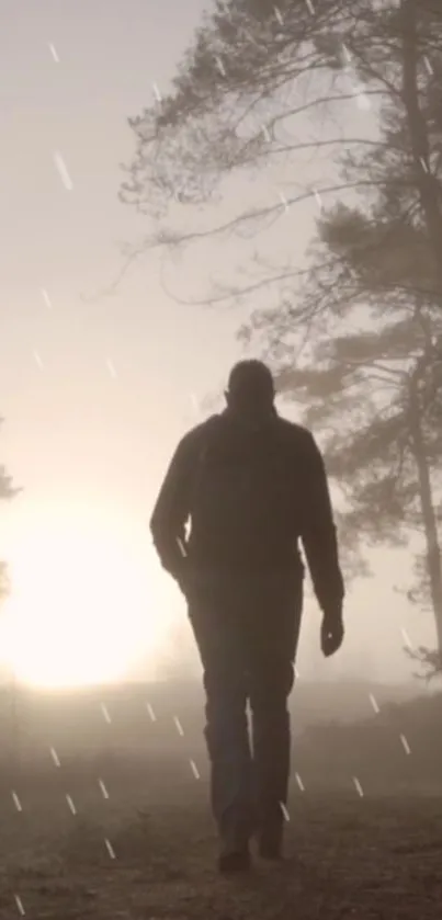 Silhouette of a person walking through a misty forest at sunrise with raindrops.