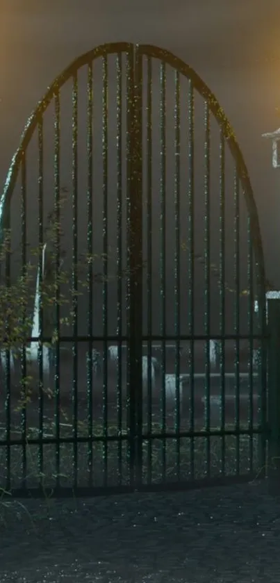 Eerie gothic gate surrounded by mist at night.