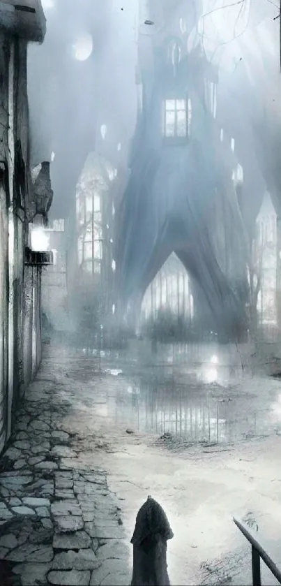 Misty gothic street with an eerie, dark ambiance and ethereal architecture.