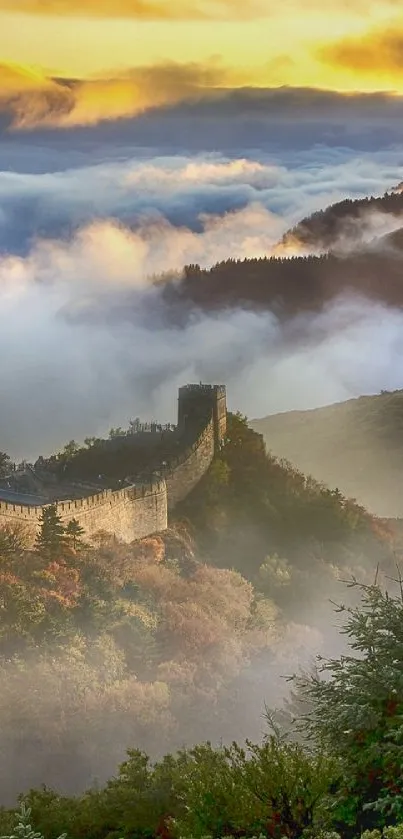 Misty sunrise over Great Wall, surrounded by lush greenery.