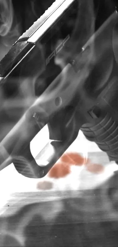 Mobile wallpaper featuring a handgun enveloped in smoky mist on a wooden table.