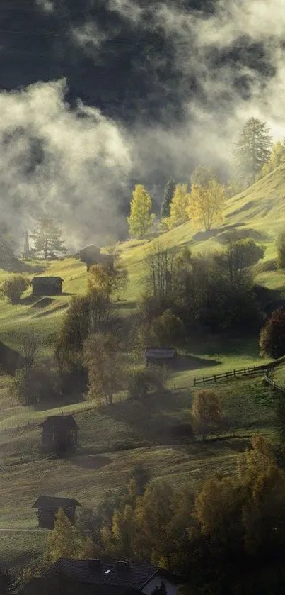 Misty hillside with cabins on lush greenery under foggy skies.