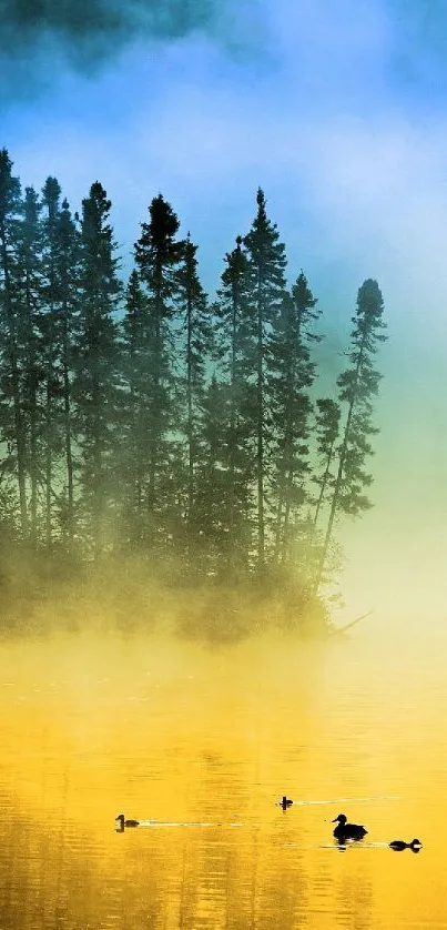 Misty lake at sunrise with ducks and pine trees in a serene landscape.