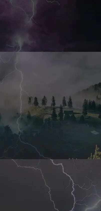 Misty forest landscape with lightning striking overhead.