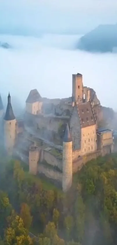 Misty medieval castle surrounded by lush greenery in a serene setting.