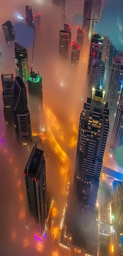 A vibrant city skyline at night with mist and colorful lights.